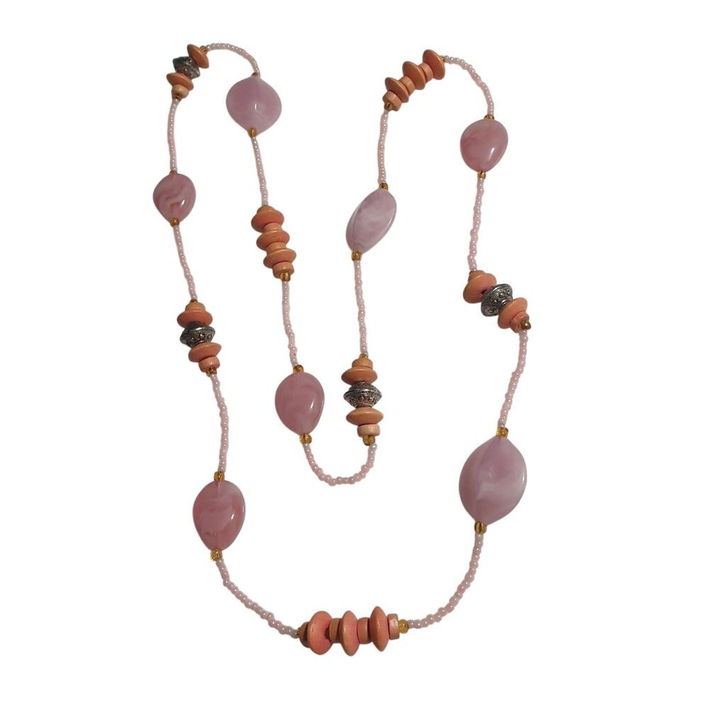 Pink Beaded Necklace Wooden Accents Statement Jewelry 28 In Handmade Rustic Boho